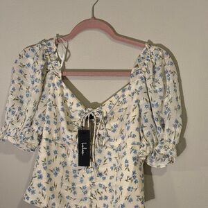 Lulu's Cream and Blue Floral Puff Sleeve Blouse